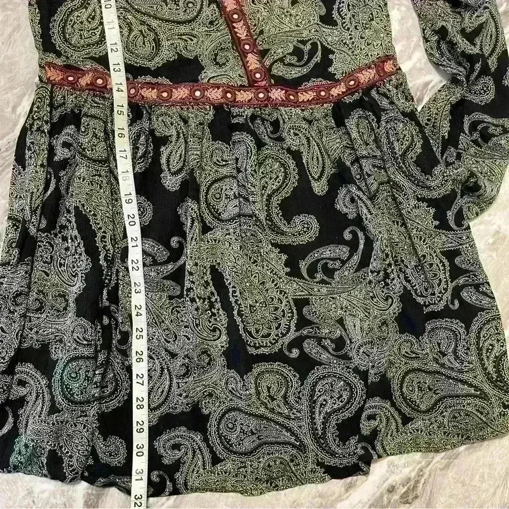 Xhilaration A Line Dress Black White Paisley Long Sleeve Short V Neck Womens M - Picture 5 of 11
